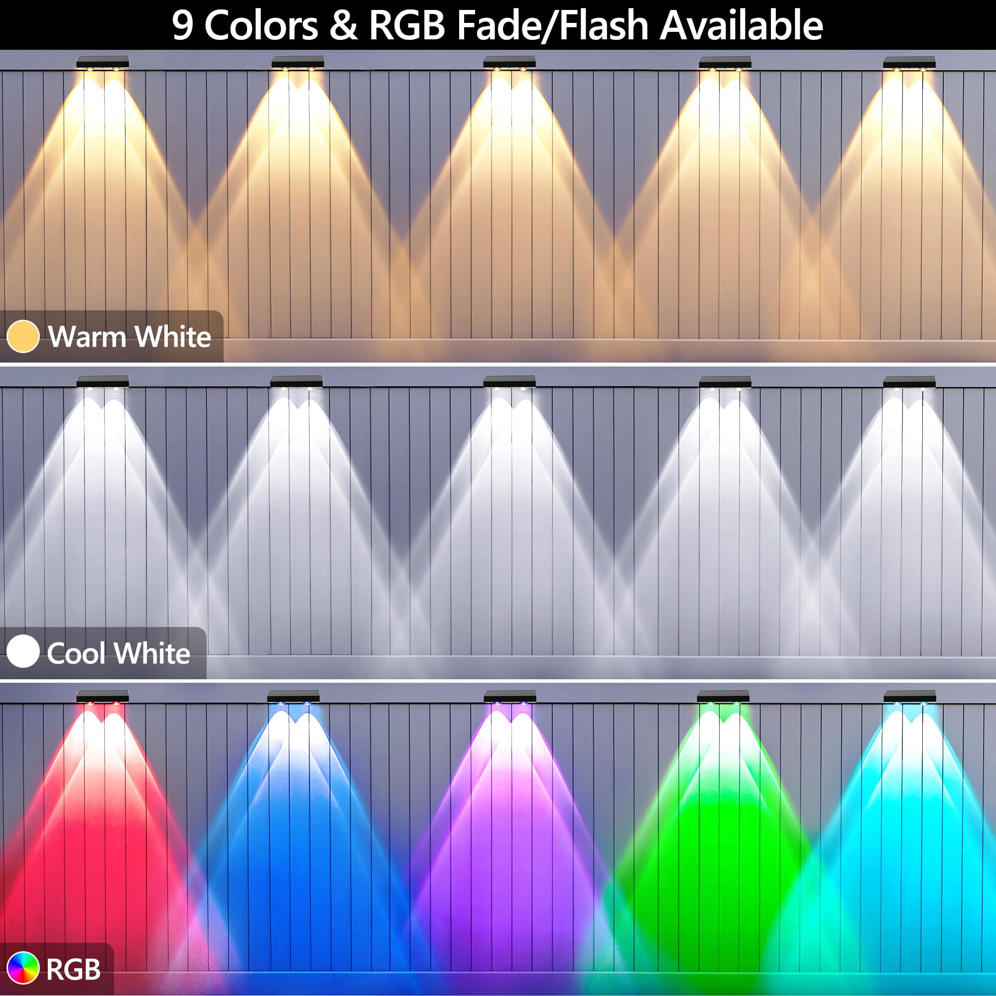 BrizLabs 8 Pack Solar Fence Lights - Color Changing RGB & Warm White, 250lm Waterproof Deck Lighting for Outdoor Use